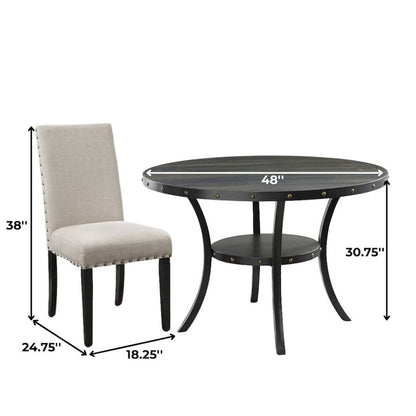 Beige Round Dining Table Set for 4, Upholstered Chairs and Nailhead Trim