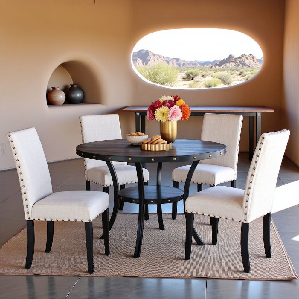 Gray Round Dining Table with Open Shelf – Modern Kitchen Wooden Table