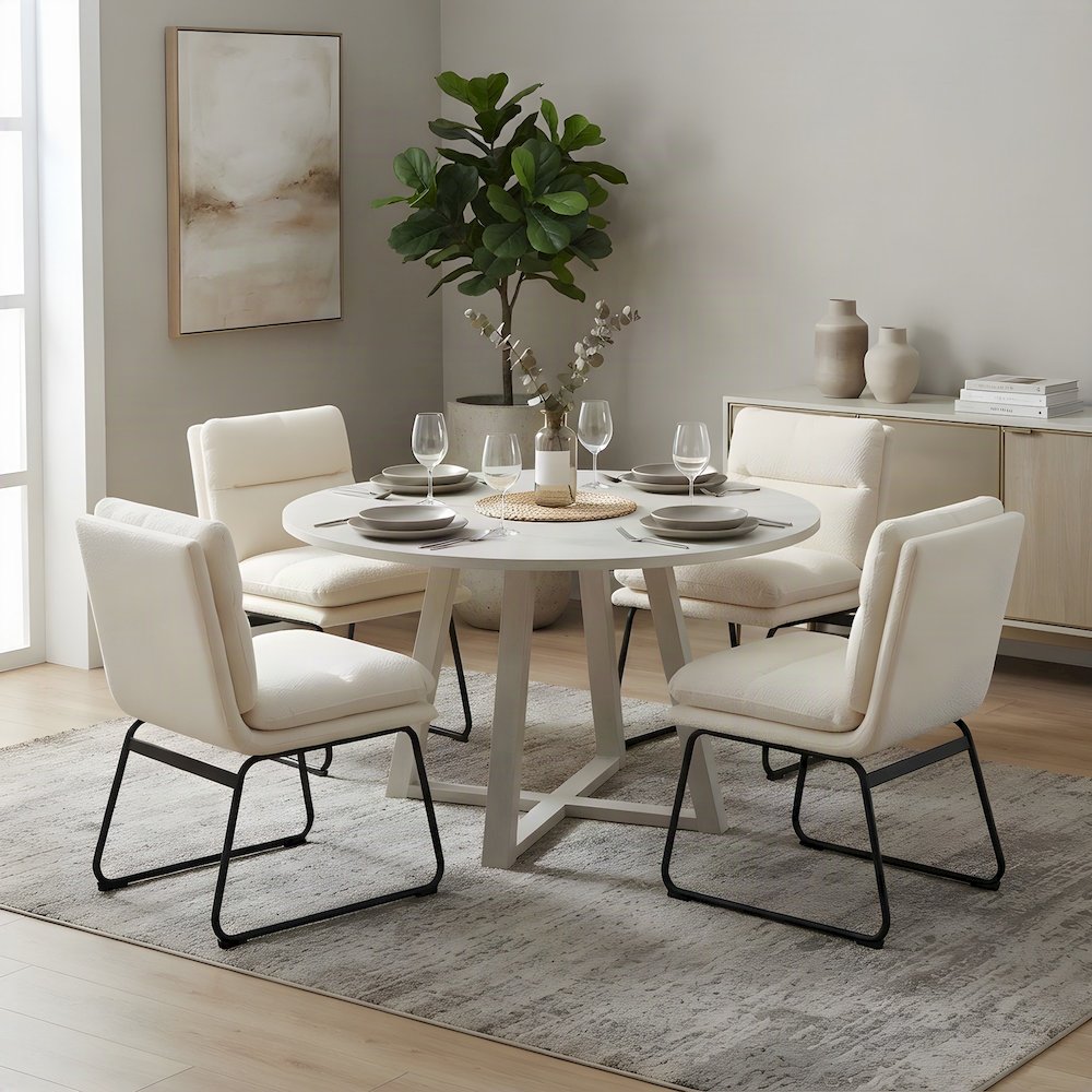 Round Dining Table and Chairs with Trestle Base, 5 Piece Set, Vanilla