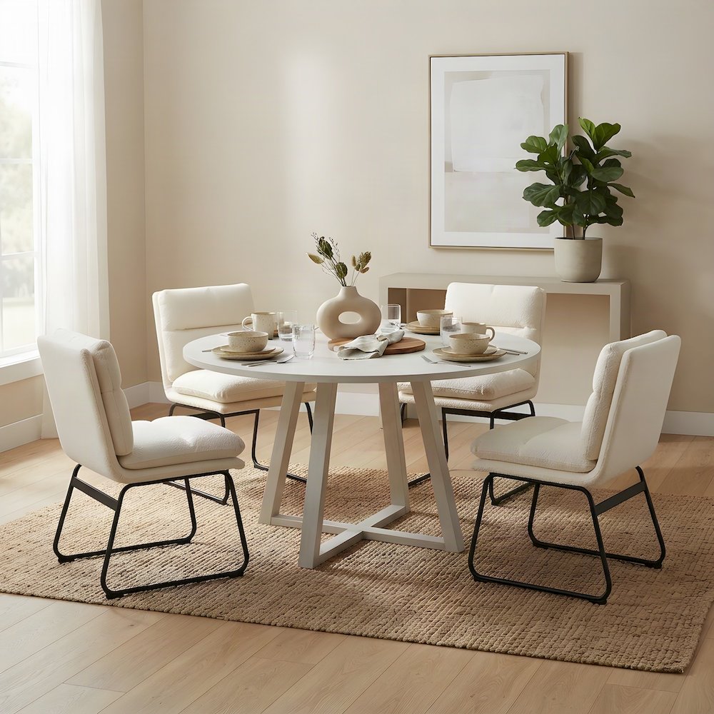 Round Dining Table and Chairs with Trestle Base, 5 Piece Set, Vanilla