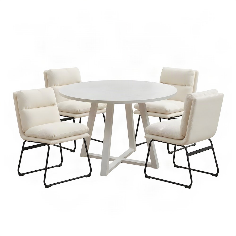 Round Dining Table and Chairs with Trestle Base, 5 Piece Set, Vanilla