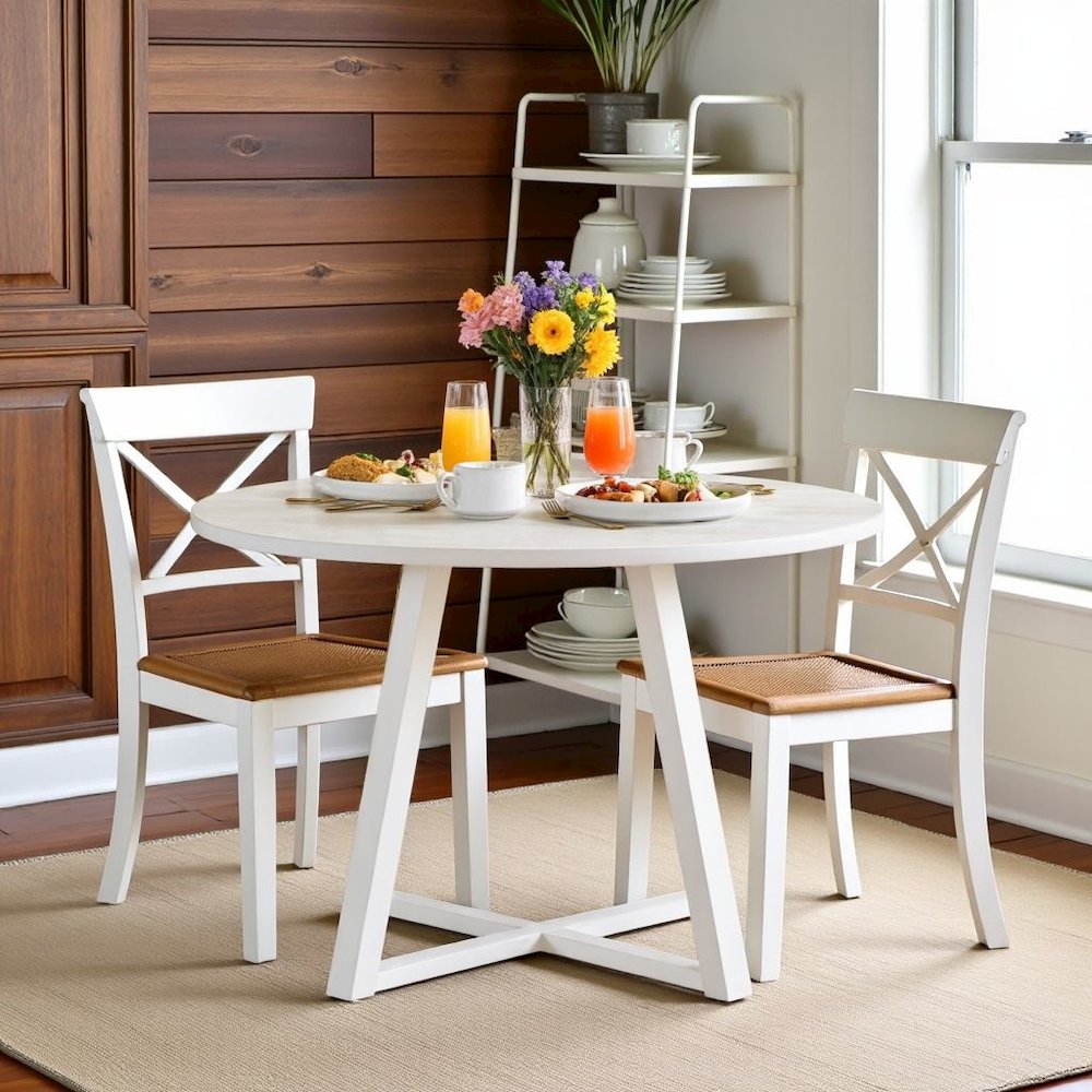 White Round Kitchen Table With Wood Base, Ideal for Dining Rooms