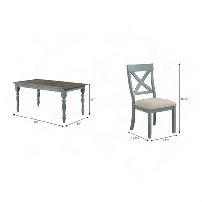 Wood Dining Table and Cross Back Chairs Farmhouse 7 Piece Set, Blue