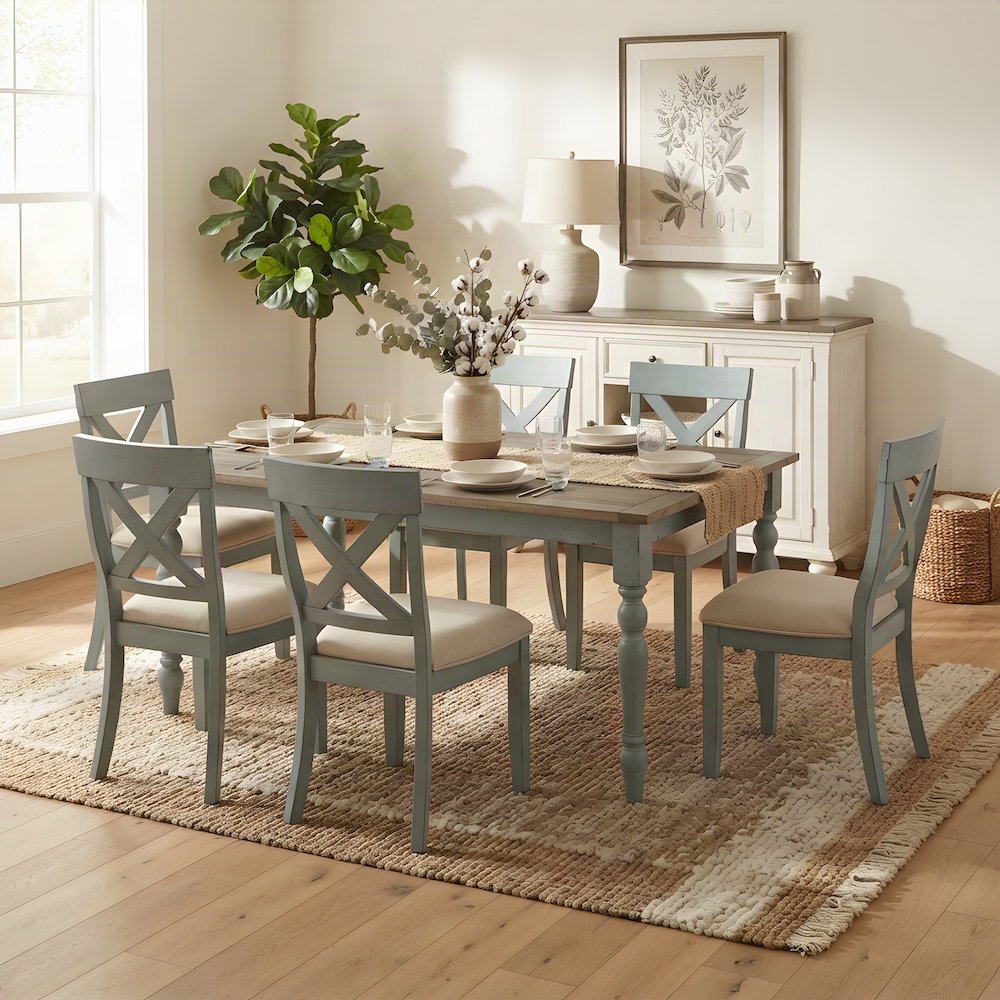 Wood Dining Table and Cross Back Chairs Farmhouse 7 Piece Set, Blue