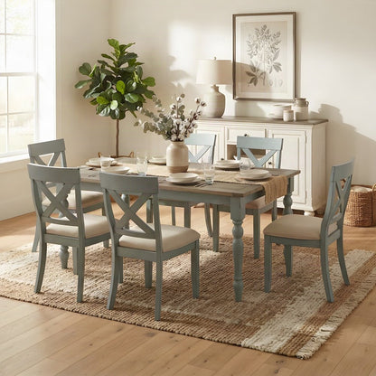 Wood Dining Table and Cross Back Chairs Farmhouse 7 Piece Set, Blue