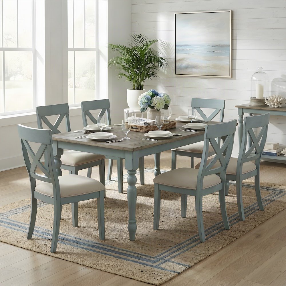 Wood Dining Table and Cross Back Chairs Farmhouse 7 Piece Set, Blue