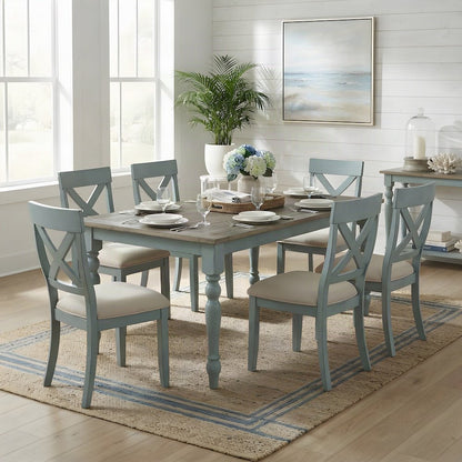 Wood Dining Table and Cross Back Chairs Farmhouse 7 Piece Set, Blue