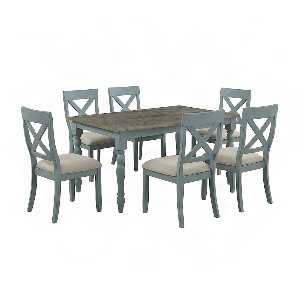 Wood Dining Table and Cross Back Chairs Farmhouse 7 Piece Set, Blue