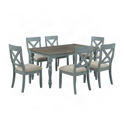 Wood Dining Table and Cross Back Chairs Farmhouse 7 Piece Set, Blue