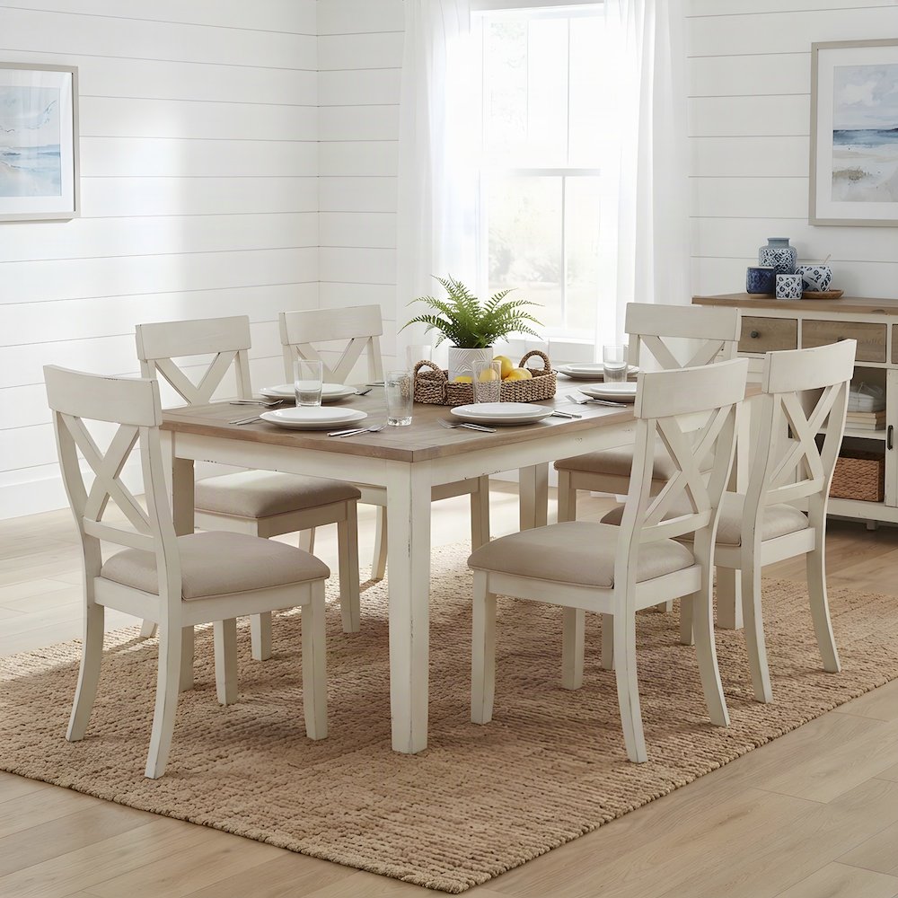 Wood Farmhouse Dining Table with Cross-Back Chairs, 5 Piece Set, Antique White