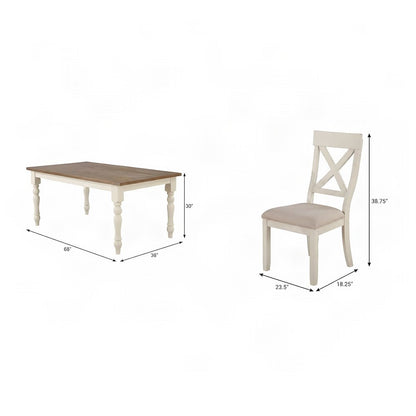 Wood Farmhouse Dining Table with Cross-Back Chairs, 7 Piece Set, Antique White