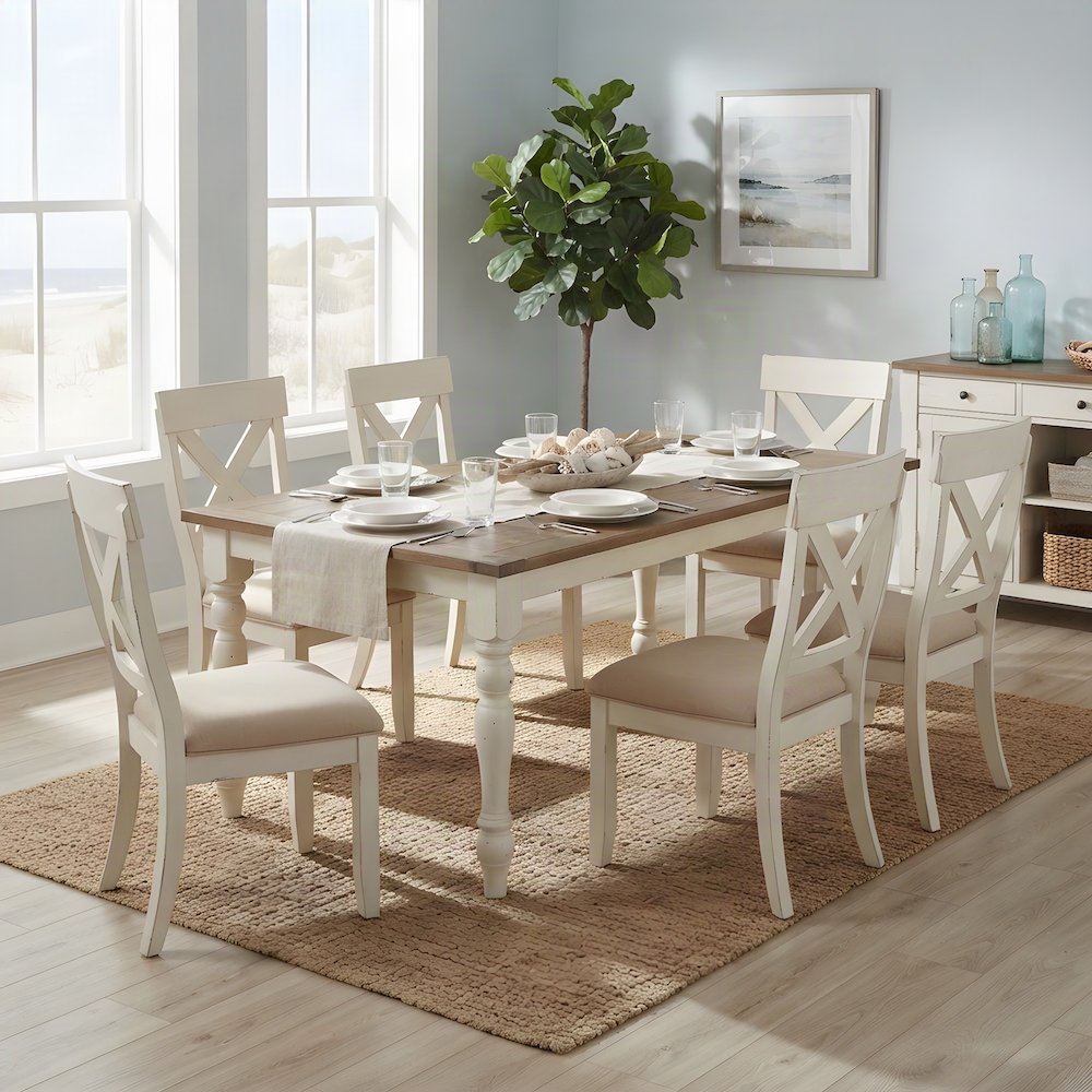 Wood Farmhouse Dining Table with Cross-Back Chairs, 7 Piece Set, Antique White