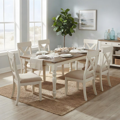 Wood Farmhouse Dining Table with Cross-Back Chairs, 7 Piece Set, Antique White