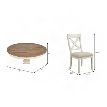 Wood Round Dining Table and Upholstered Chairs 5 Piece Set, Antique White