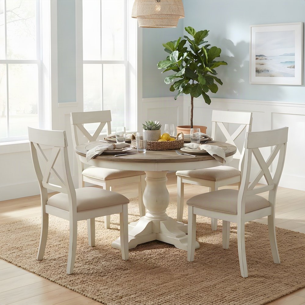 Wood Round Dining Table and Upholstered Chairs 5 Piece Set, Antique White