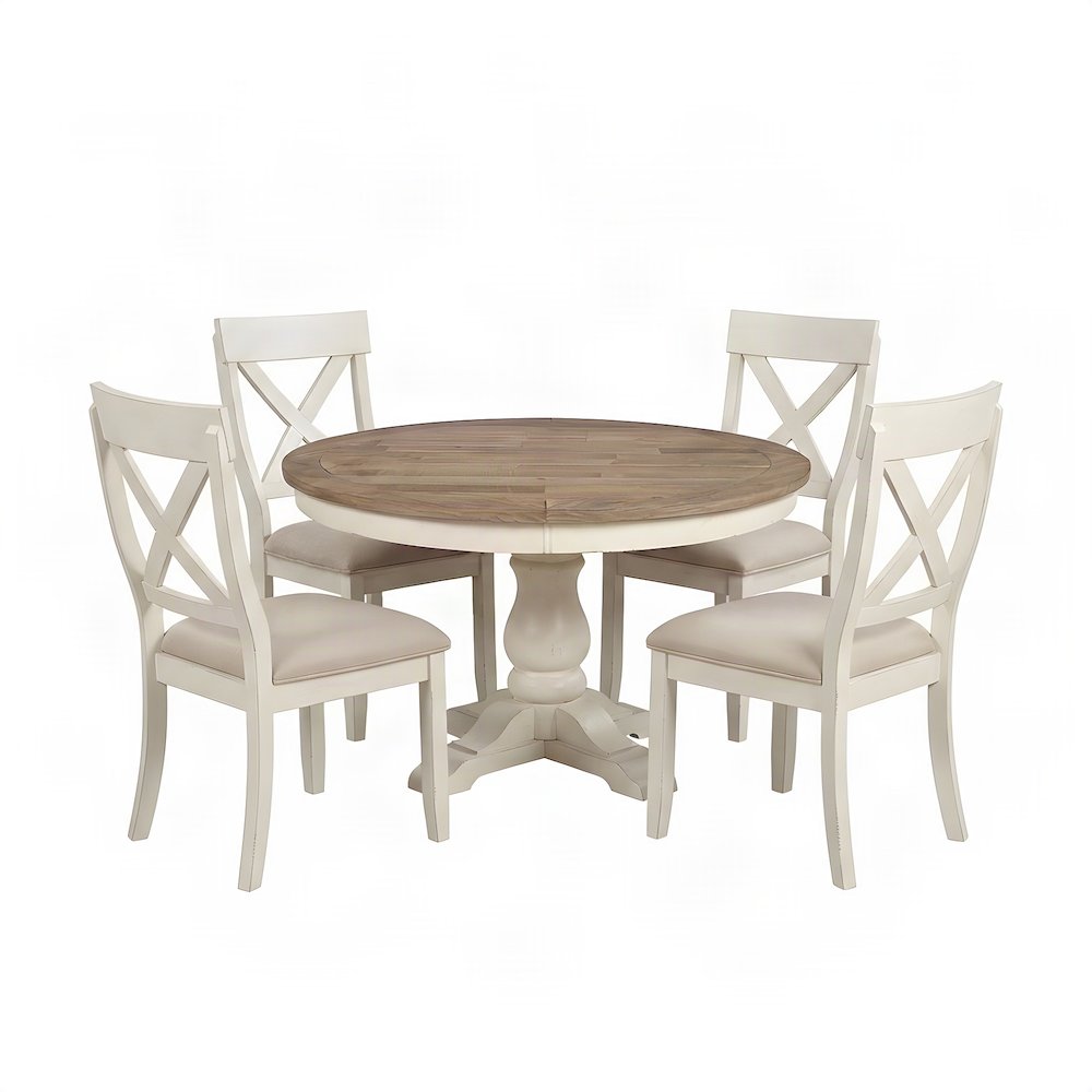 Wood Round Dining Table and Upholstered Chairs 5 Piece Set, Antique White