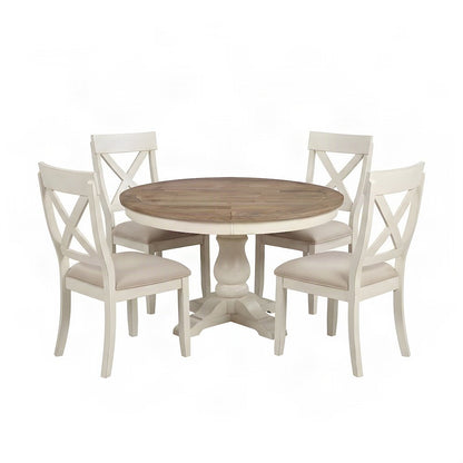 Wood Round Dining Table and Upholstered Chairs 5 Piece Set, Antique White