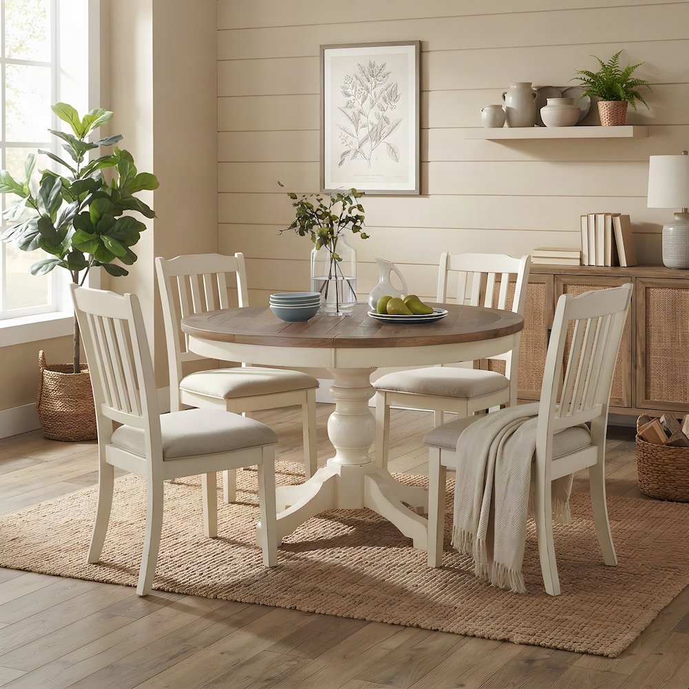 Distressed Two-tone Wood Round Kitchen and Dining Table for Four, Antique White