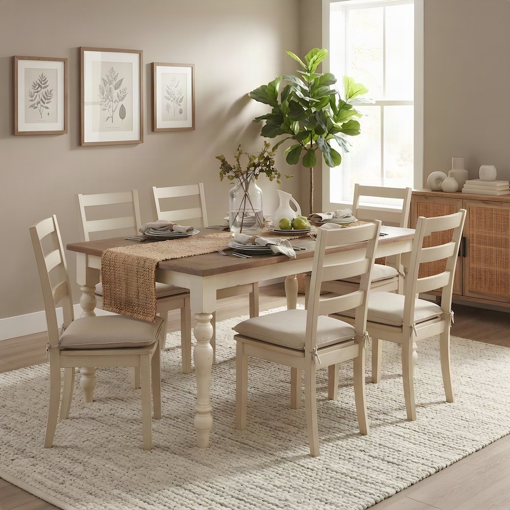 Wood Dining Table with Two-Tone Finish, Turned Legs, for Kitchen, Antique White