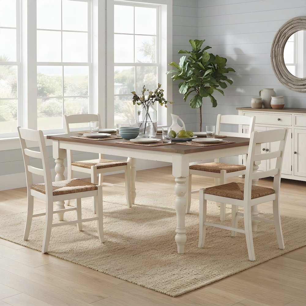 Wood Dining Table with Two-Tone Finish, Turned Legs, for Kitchen, Antique White