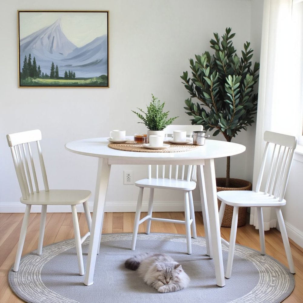 White Round Dining Table – Modern Kitchen Wooden Table with Angled Legs