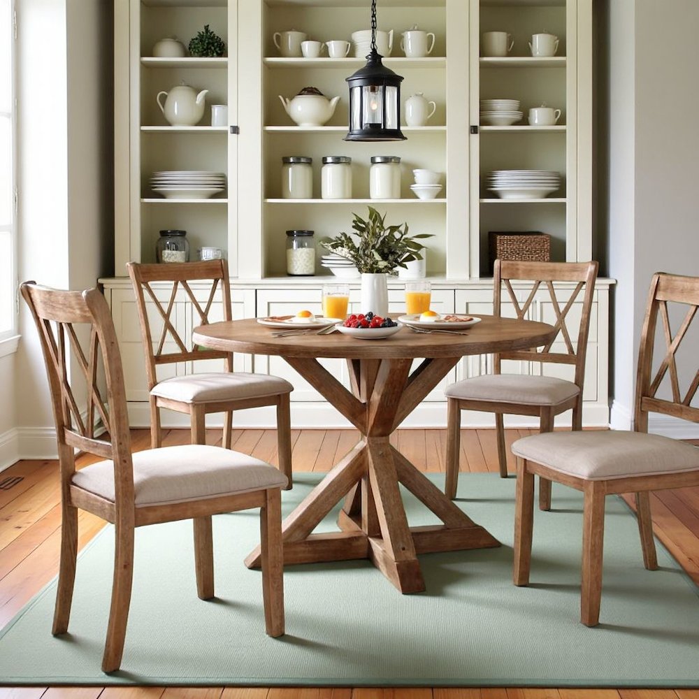 Brown Wooden Round Dining Table Set for 4 with Kitchen Chairs, 5-Piece