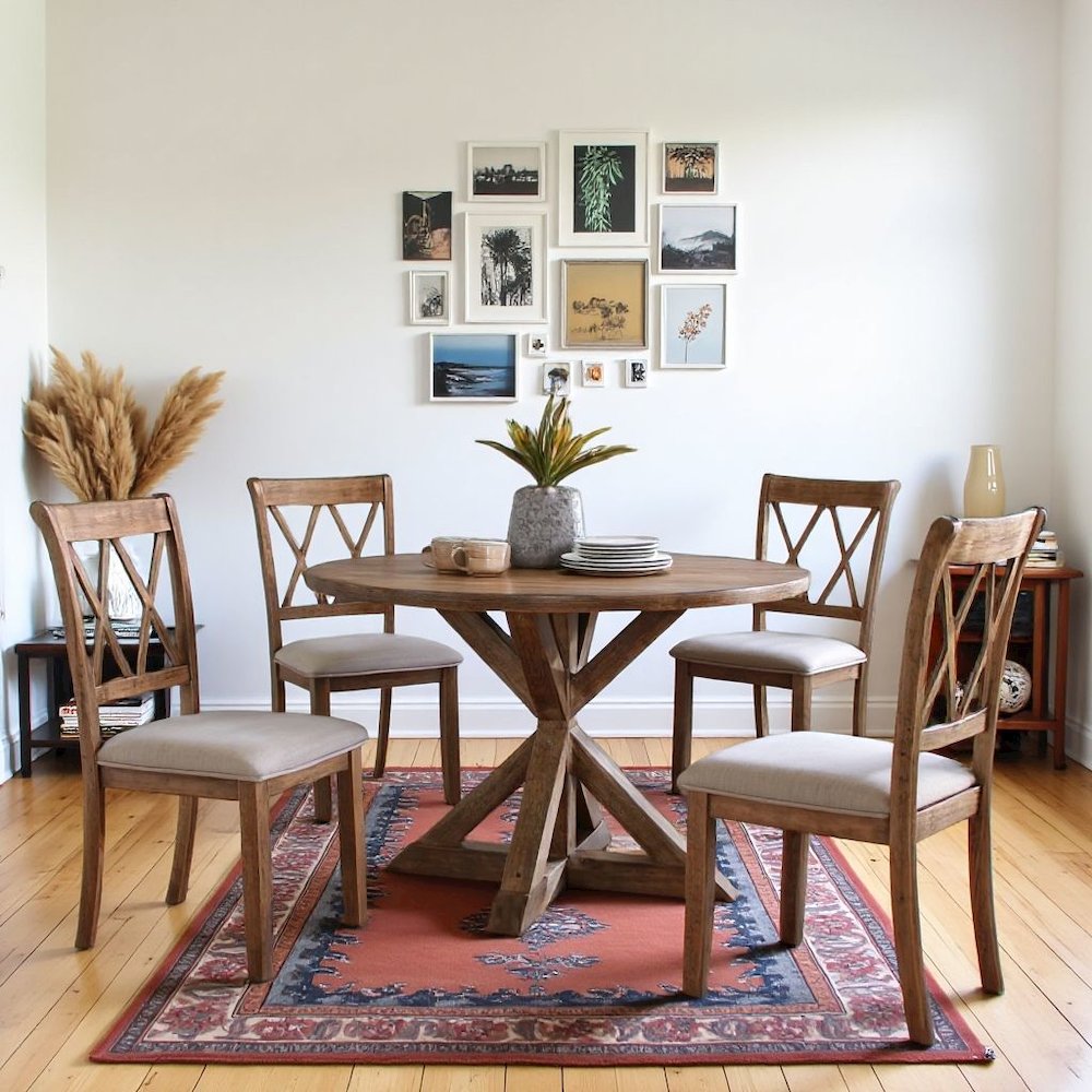 Brown Wooden Round Dining Table Set for 4 with Kitchen Chairs, 5-Piece