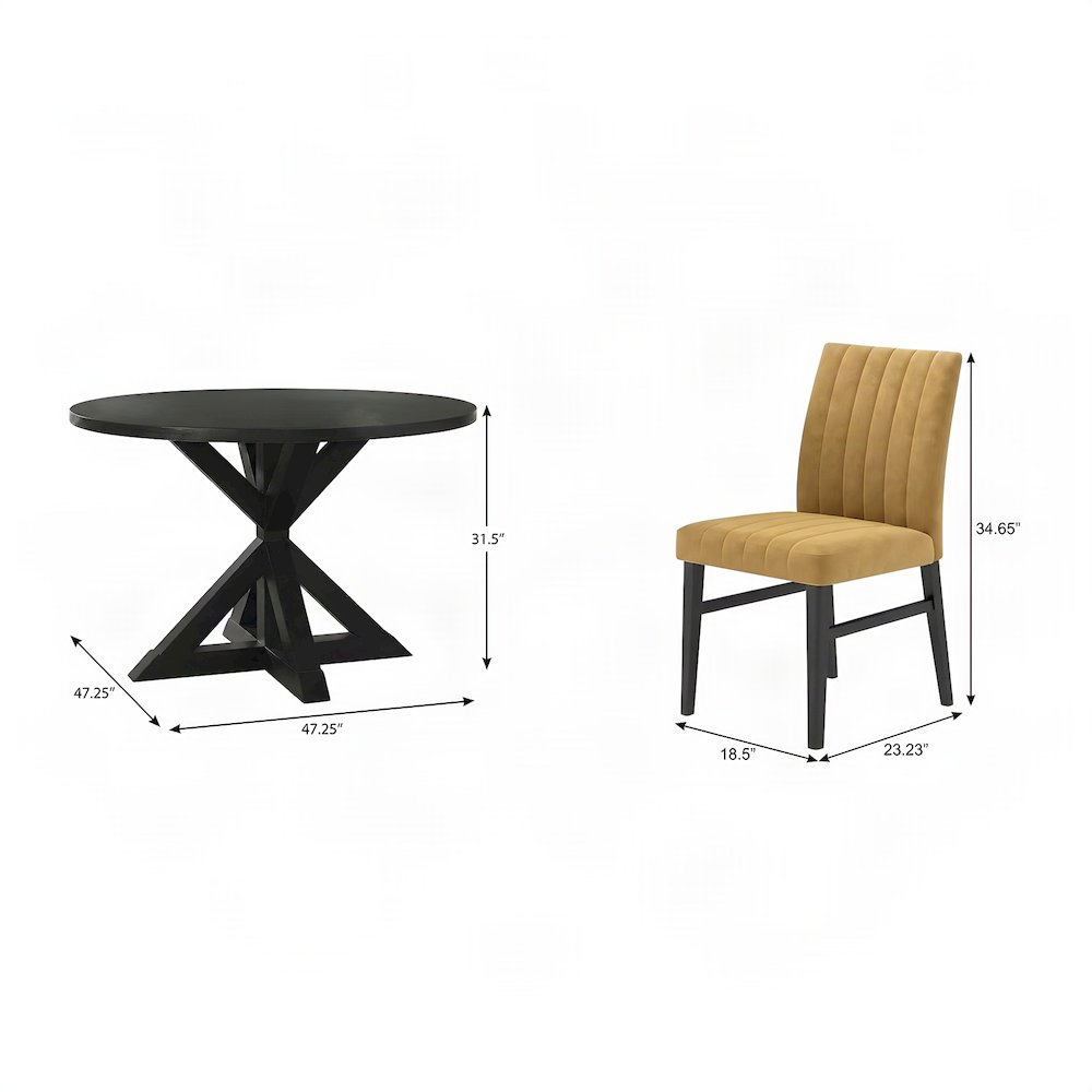 Cross-Buck Round Dining Table with Fabric Chairs, 5 Piece Set, Yellow