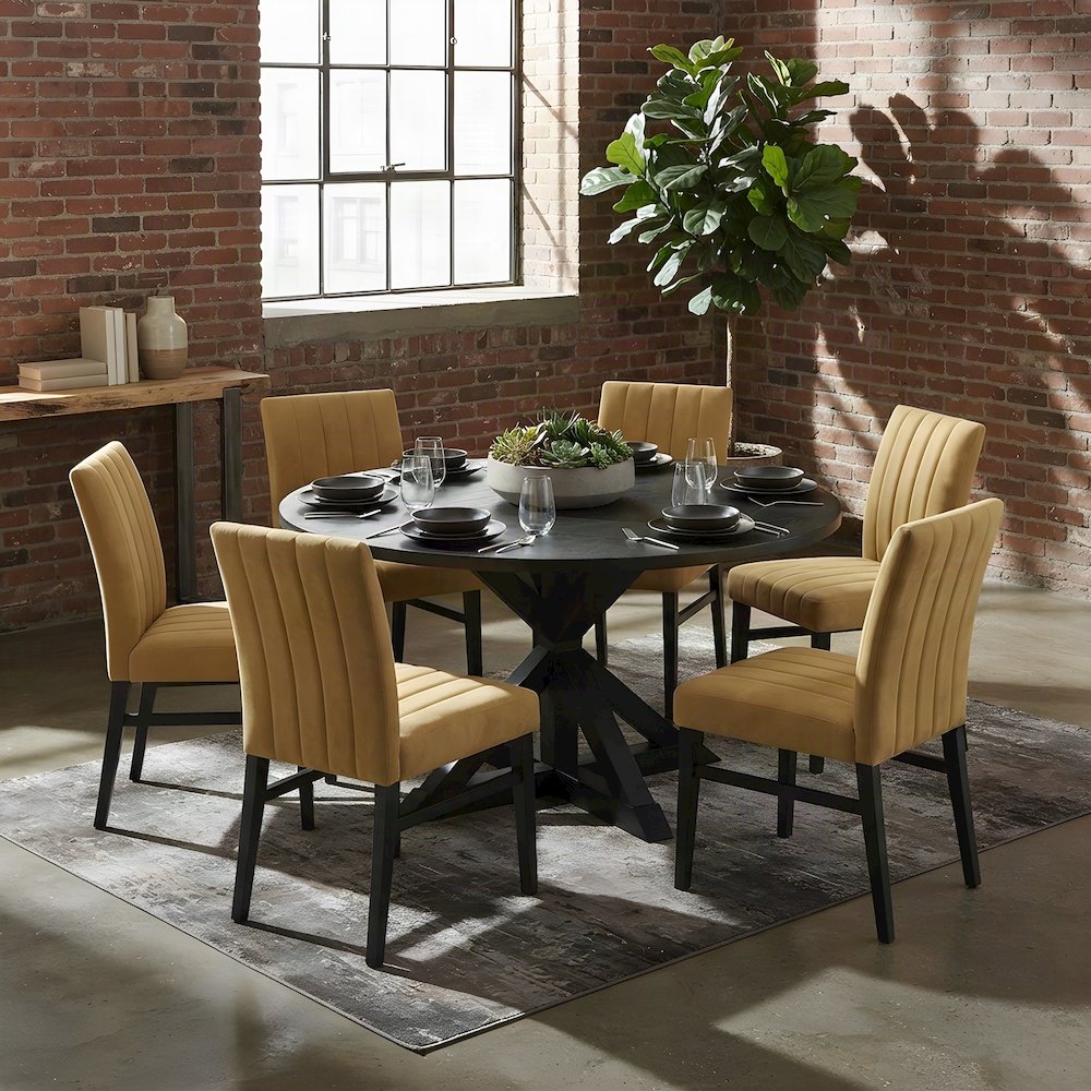 Cross-Buck Round Dining Table with Fabric Chairs, 5 Piece Set, Yellow
