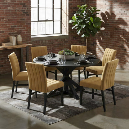 Cross-Buck Round Dining Table with Fabric Chairs, 5 Piece Set, Yellow
