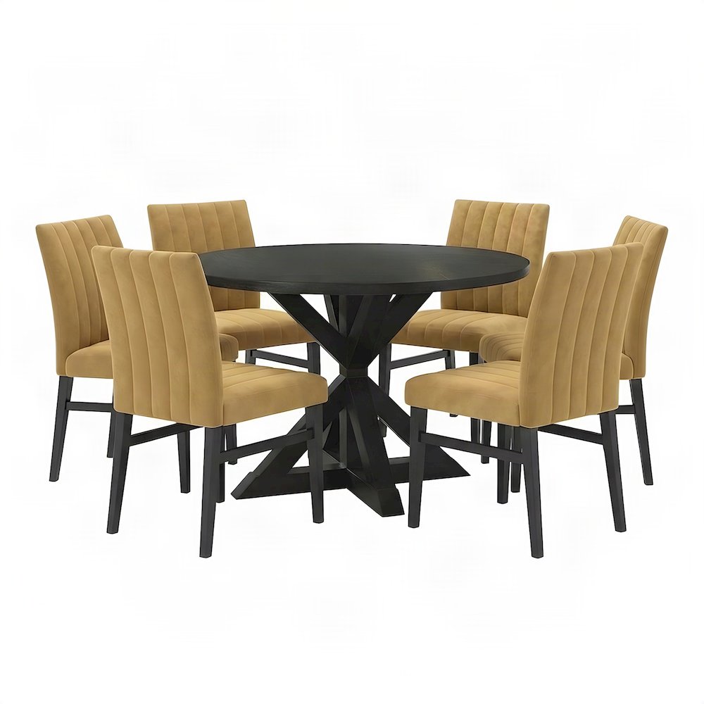 Cross-Buck Round Dining Table with Fabric Chairs, 5 Piece Set, Yellow