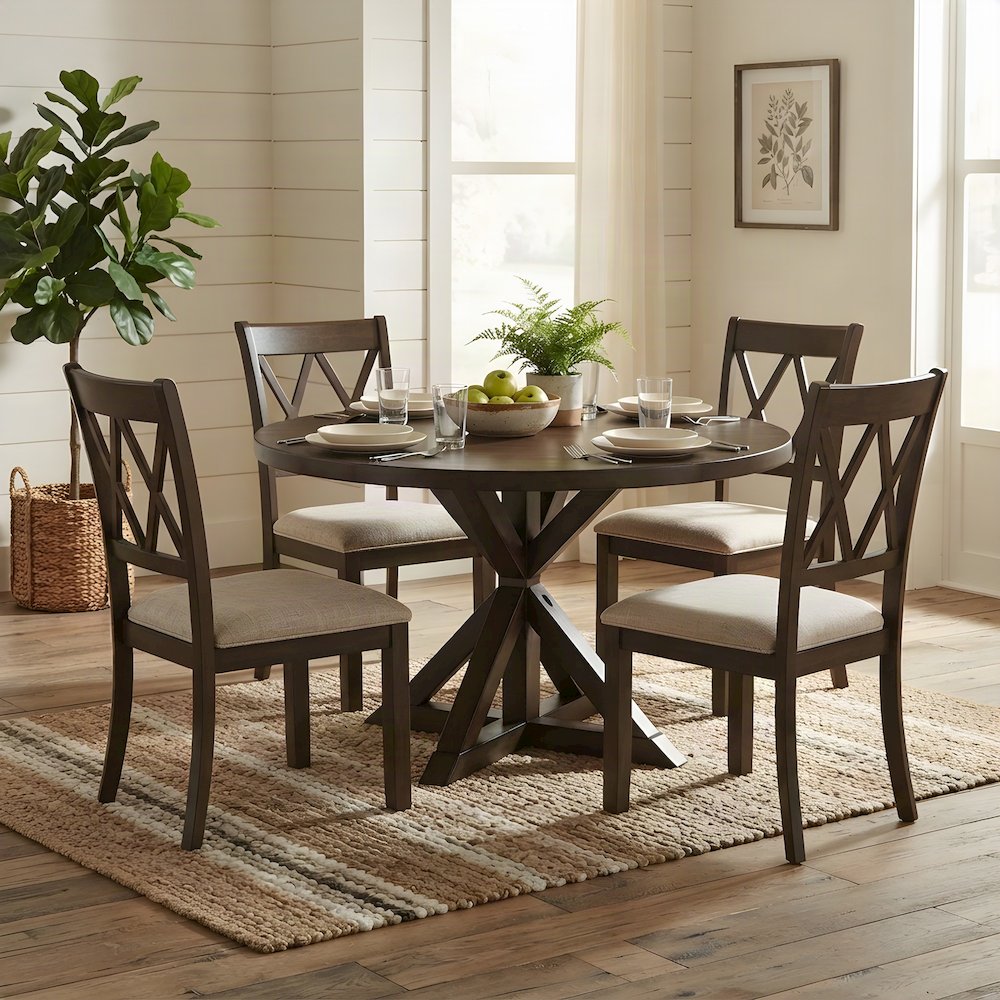 MDF and Rubberwood Cross-Buck Dining Table and 4 Chairs 5 Piece Set, Espresso