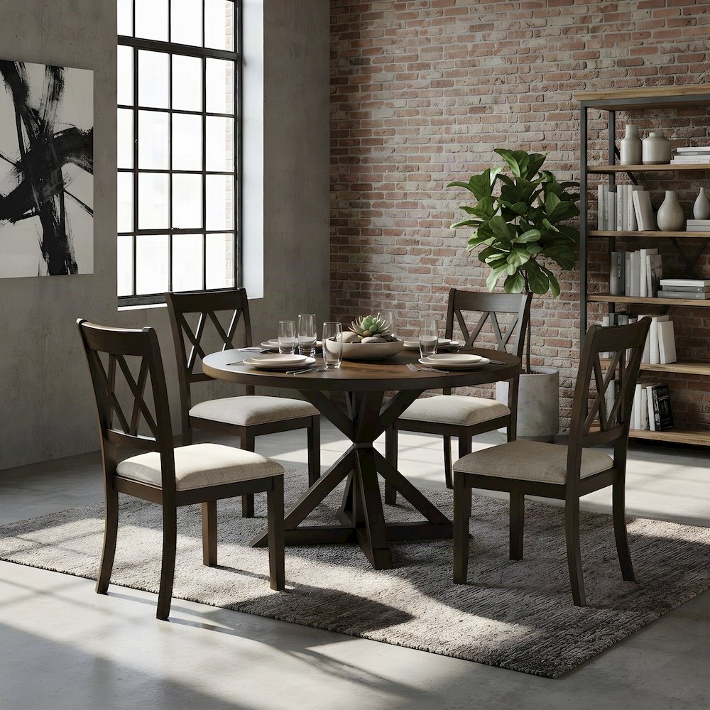 MDF and Rubberwood Cross-Buck Dining Table and 4 Chairs 5 Piece Set, Espresso