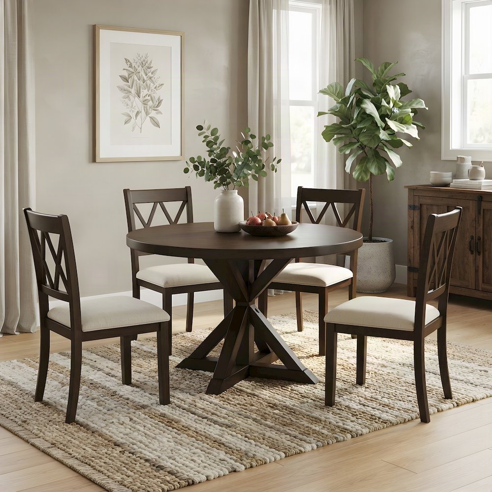 Veneer-Top Dining Table, Cross-Buck Base, Rubberwood Kitchen Table, Espresso