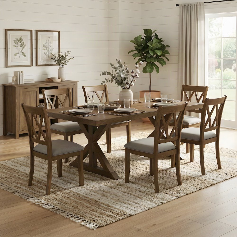 Wood Trestle Dining Table with Upholstered Chairs 7 Piece Set, Cotttage Oak