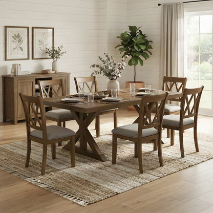 Wood Trestle Dining Table with Upholstered Chairs 7 Piece Set, Cotttage Oak