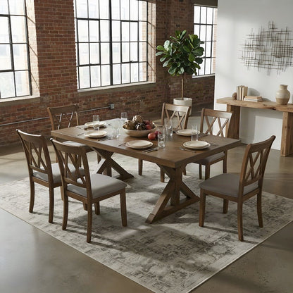 Wood Trestle Dining Table with Upholstered Chairs 7 Piece Set, Cotttage Oak