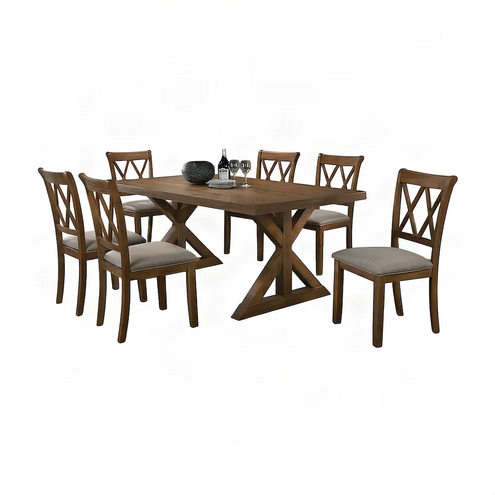 Wood Trestle Dining Table with Upholstered Chairs 7 Piece Set, Cotttage Oak