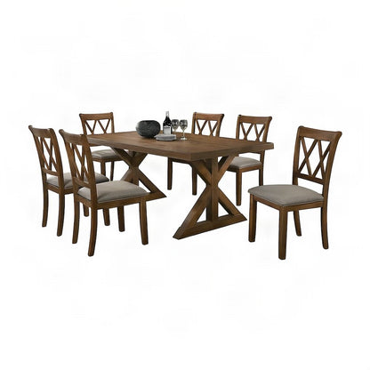 Wood Trestle Dining Table with Upholstered Chairs 7 Piece Set, Cotttage Oak