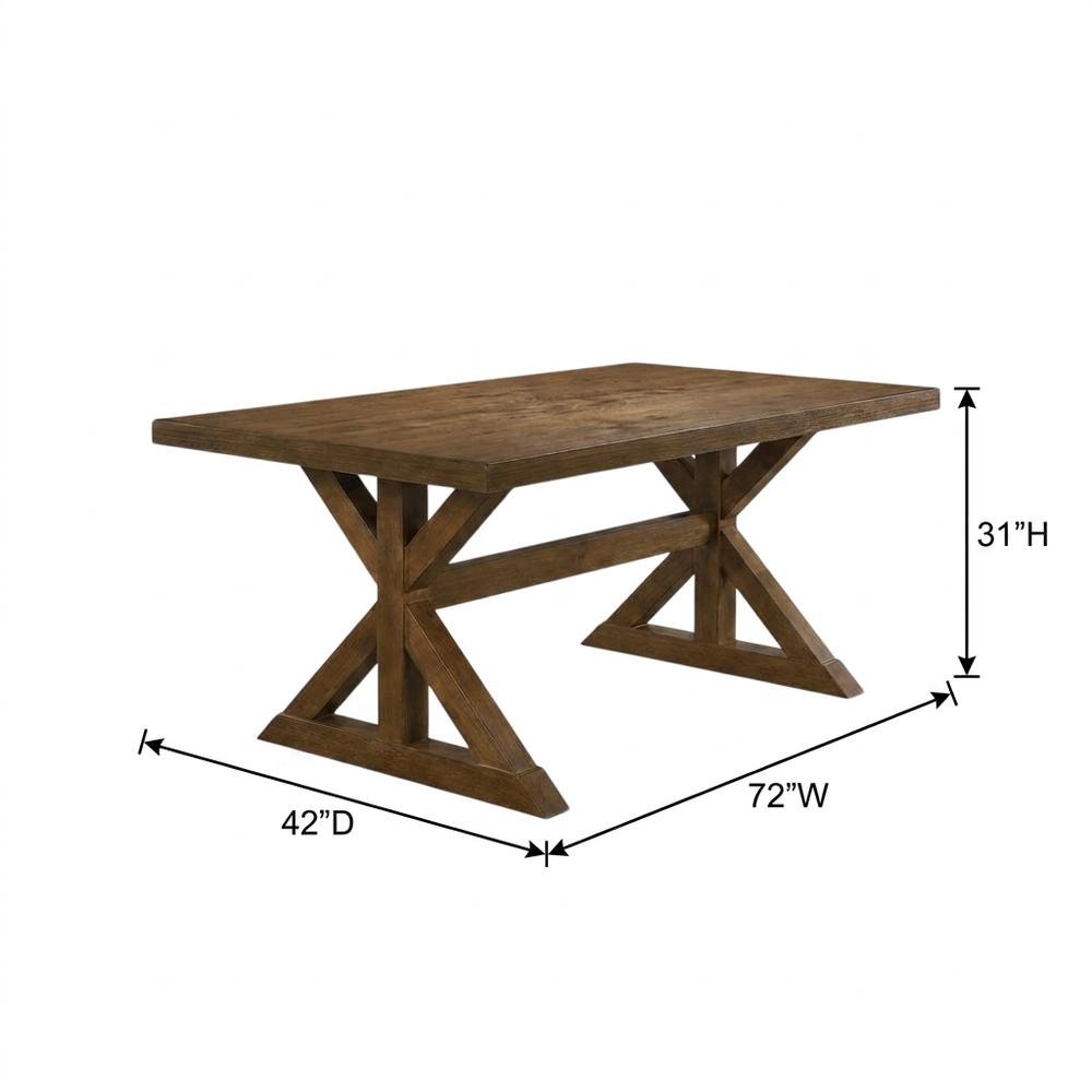 Wood Trestle Dining Table with Upholstered Chairs 7 Piece Set, Cotttage Oak