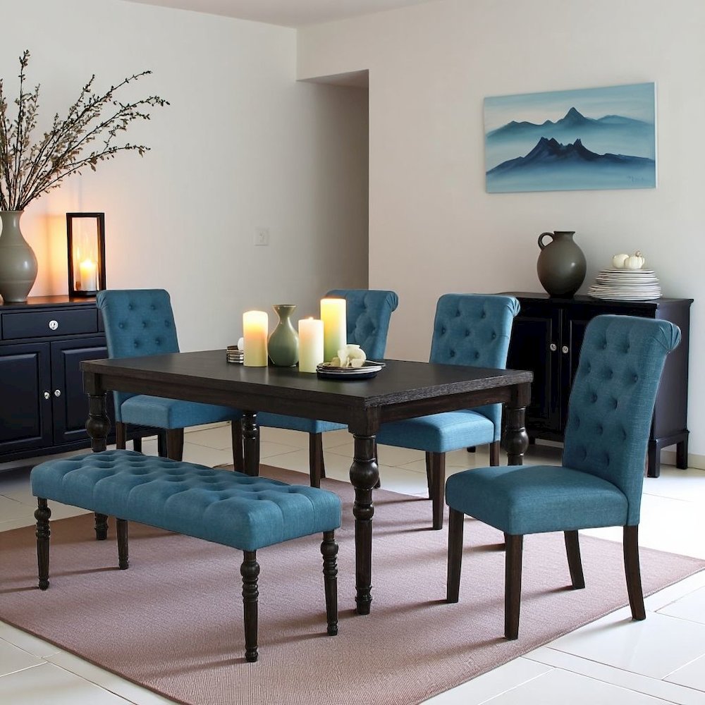 Blue Dining Table Set for 6 with Bench and Chairs, For Kitchen or Dining Areas