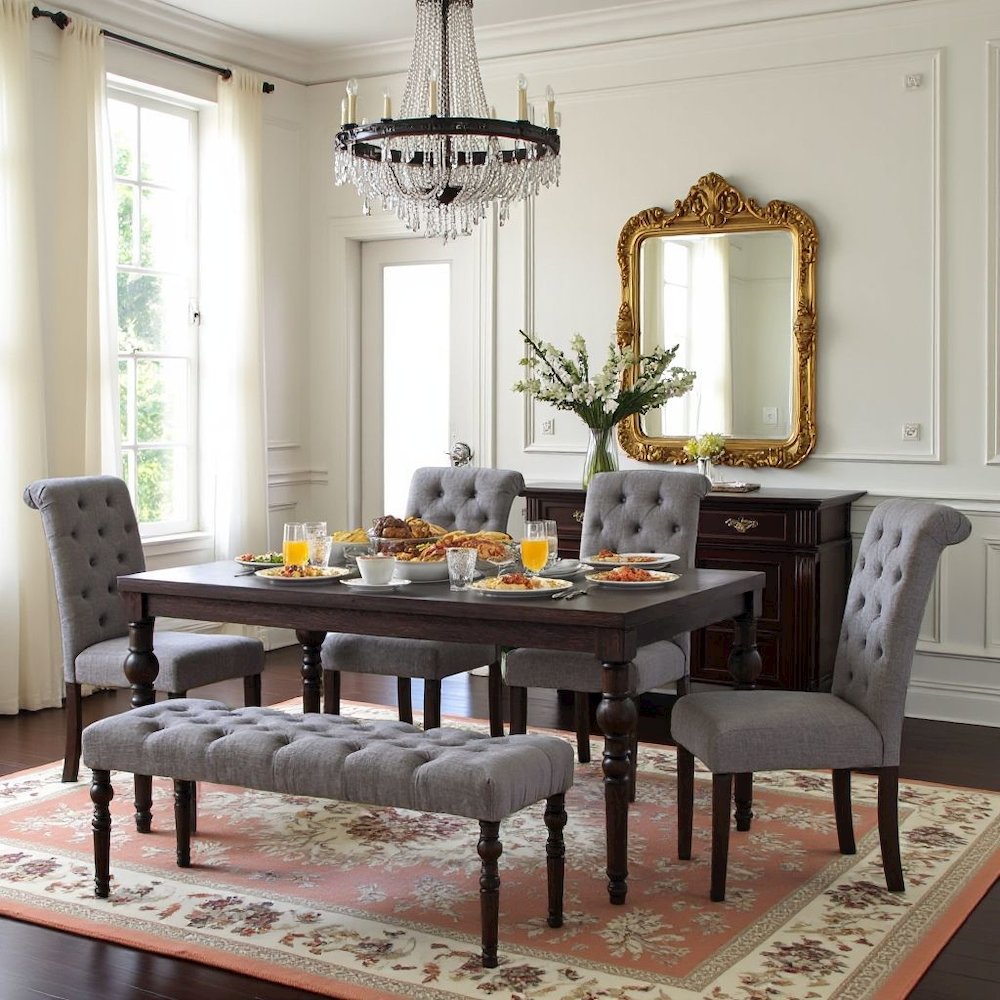 Gray Dining Table Set for 6 with Bench and Chairs, For Kitchen or Dining Areas
