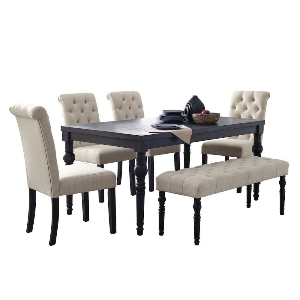 Tan Dining Table Set for 6 with Bench and Chairs, For Kitchen or Dining Areas