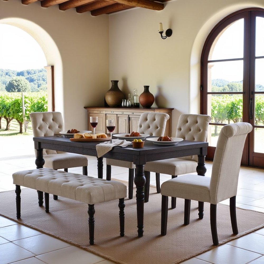 Tan Dining Table Set for 6 with Bench and Chairs, For Kitchen or Dining Areas