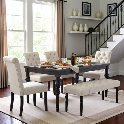 Tan Dining Table Set for 6 with Bench and Chairs, For Kitchen or Dining Areas