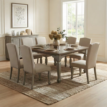 Farmhouse Wood and Upholstered Dining Table with Chairs 7 Piece Set, Grey