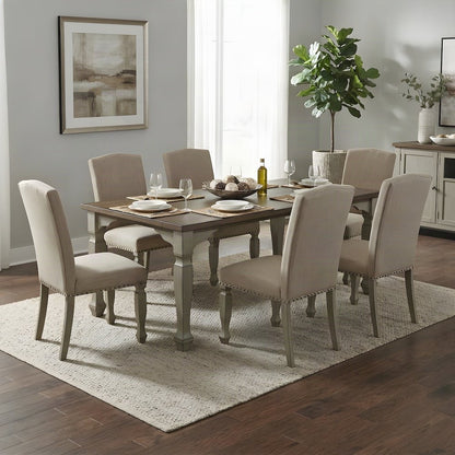 Farmhouse Wood and Upholstered Dining Table with Chairs 7 Piece Set, Grey