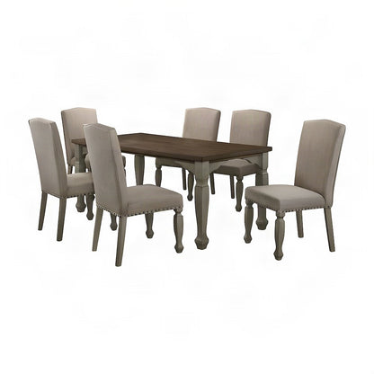 Farmhouse Wood and Upholstered Dining Table with Chairs 7 Piece Set, Grey