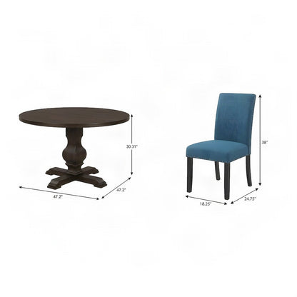 Upholstered Round Pedestal Dining Table and Chairs 5 Piece Set, Blue