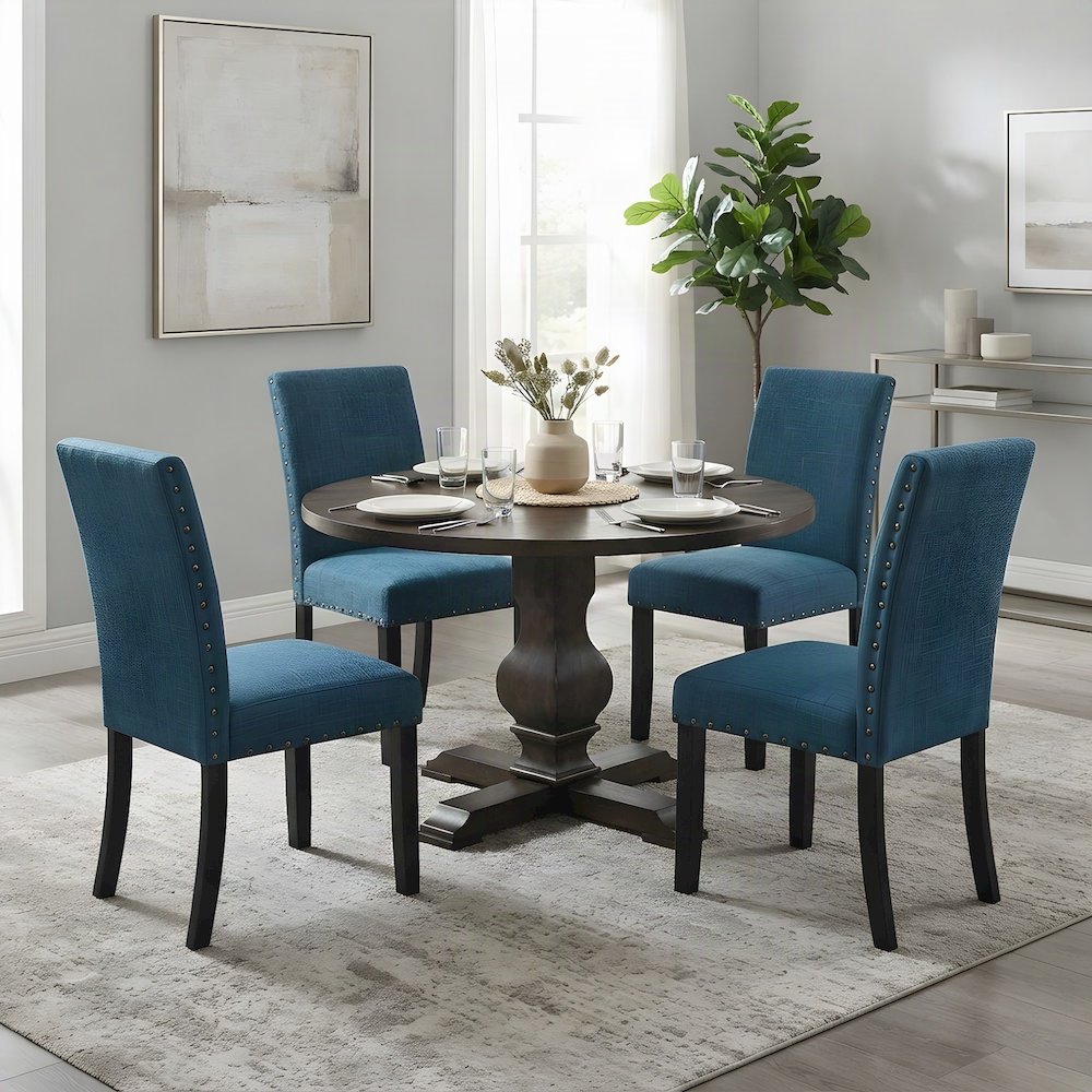 Upholstered Round Pedestal Dining Table and Chairs 5 Piece Set, Blue